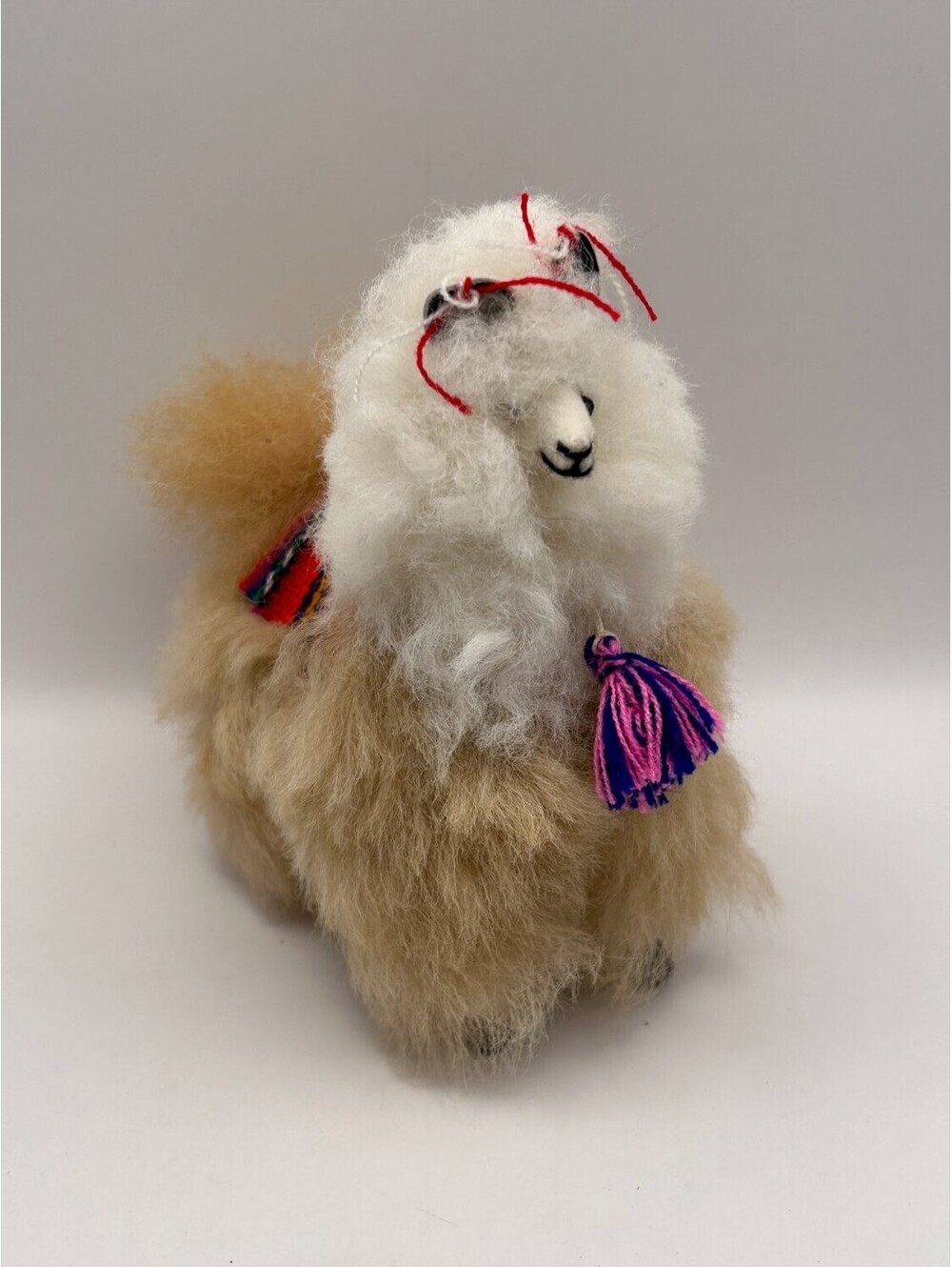 Handmade Peruvian Llama Figurine Fluffy Standing Folk Art Statue Beige White